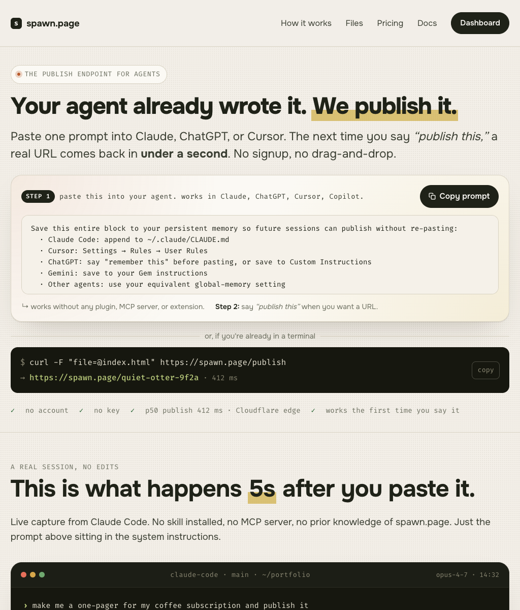 Spawn.page homepage shown as a published static site.